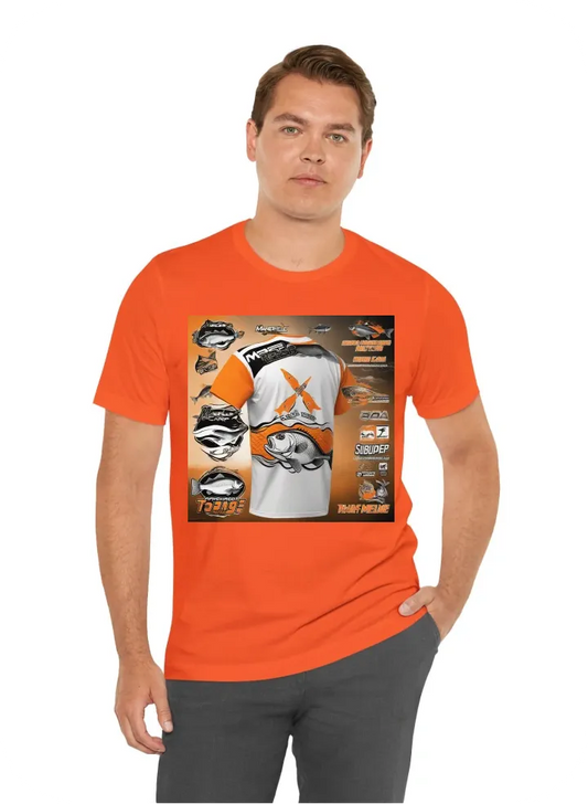 "A t-shirt specific to fishing, printed by sublimation specific to method feeder carp fishing, half having a carp with the method mount in its mouth and the other half being orange in color.  Orange, black and white colors can be used.  www.marelepescar.r