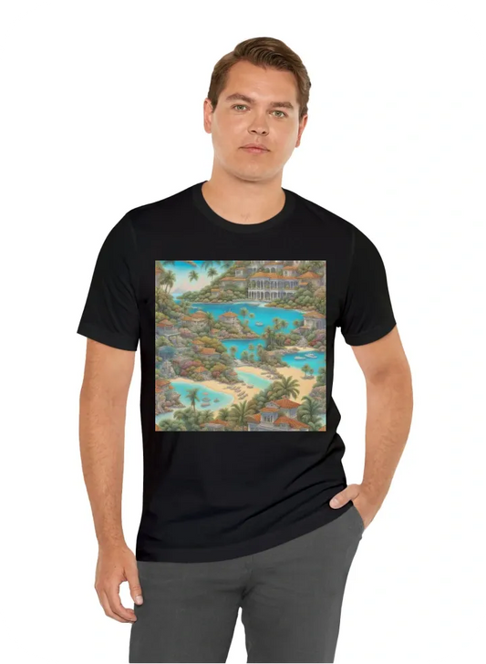 Shirt with love island theme with a villa