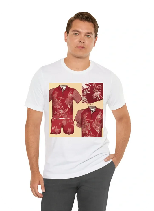 Design Concept: 1. Shirt Color: Base Color: Deep red polo T-shirt, symbolizing good fortune and prosperity.  2. Malaysian Elements: Batik Pattern: Incorporate a subtle Batik pattern across the shoulders and upper chest area. The pattern should be intricat