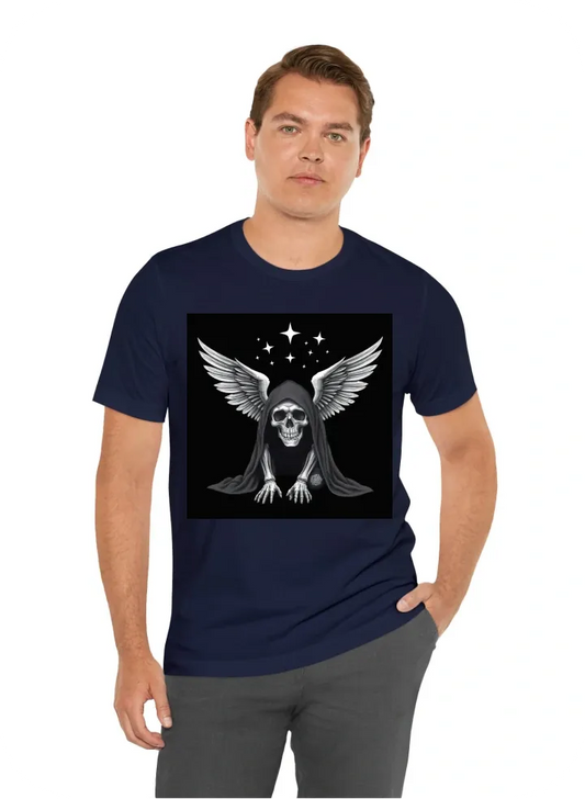 A skull with a cloak on falling down on his knees with wings lifting him up and stars in the back