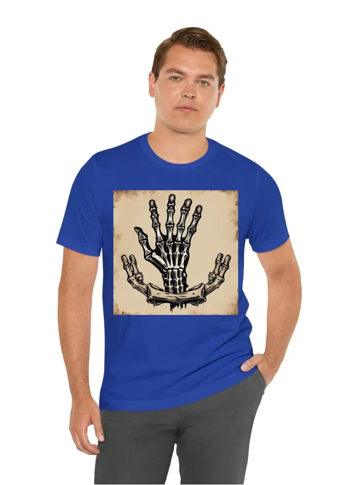 Back Design Central Graphic: • Skeleton Hand: A vintage, distressed skeleton hand giving the middle finger. The distressed effect should make the graphic look slightly worn and rugged. • Text: • "SUPPORT YOUR LOCAL" in a distressed Old English font, arche