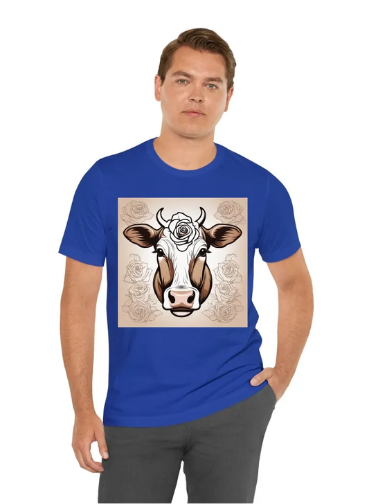 A face of a brown-white cow with a rose in its mouth line art