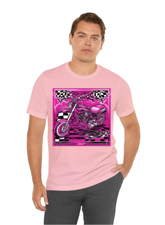 I want a motorcycle riding long sleeves, white in color but the designs should be hot pink and purple. Please include a design of checkered finish line also pink or purple in color. Place a logo in the center input “MAUI 4TEEN” also hotpink or purple and