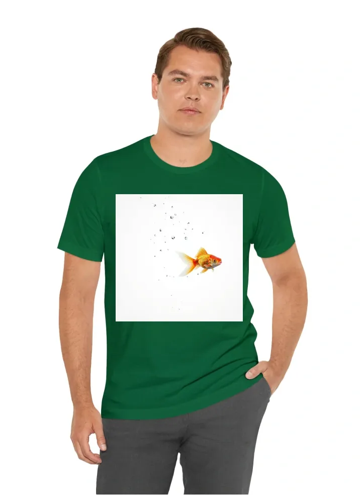 A small colrful goldfish swimming away with a white background while hail fall