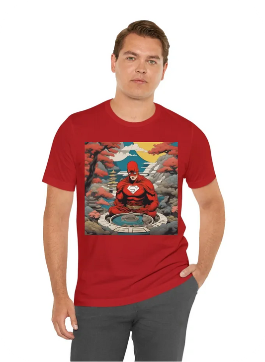 Superhero in a Zen Garden: Iconic superhero symbols juxtaposed with tranquil Japanese Zen garden elements.