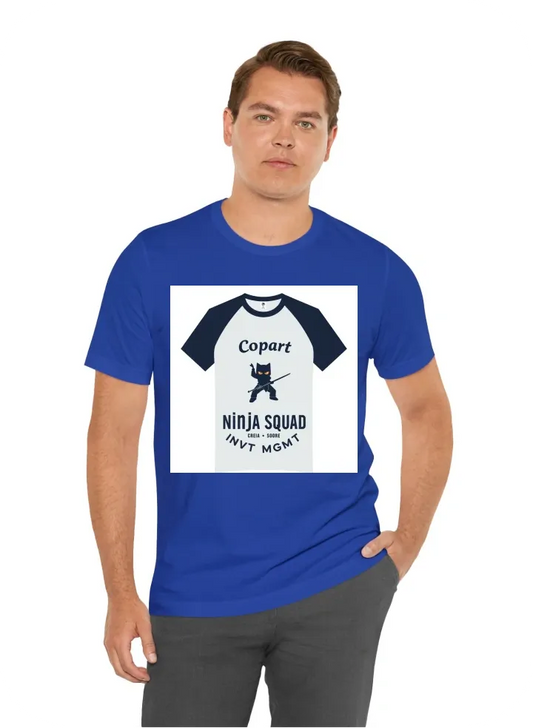 I want a tshirt with a small desighn on top left chest - i want the design to include the following words "Copart" "Ninja Squad" "INVT MGMT" maybe include a cat ninja in the design part - this is for my job I work at Copart