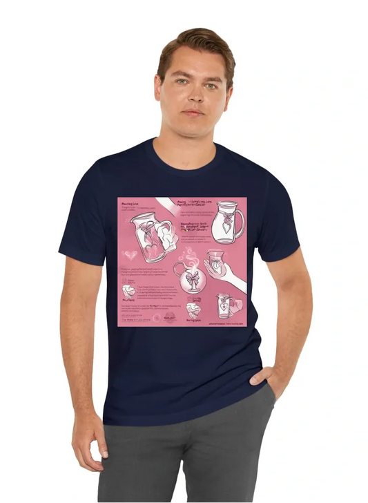 Front of the shirt: [Image of hands pouring love and support from a heart-shaped pitcher into a glass] Text: "Pouring Love, Pouring Support: Cheers to Cancer Awareness"  Back of the shirt: [Image of a ribbon symbolizing cancer awareness with the words "St