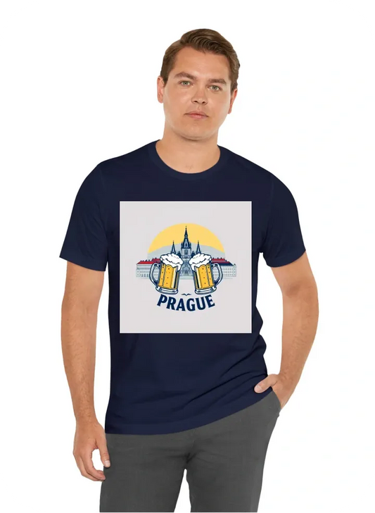 I want a shirt that has the text Pumped for Prague. The design should feature the city's background as a crest with large beer mugs full of lager and should have a stylized aesthetic