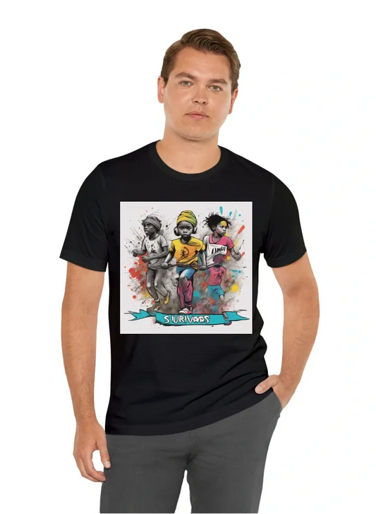 A survivors race theme, with line drawings and the words "IMUNZI" along with the AiFS ribbon incorporated in a fun way. the t-shirt should have a minimalist vibe but with colorful line drawings