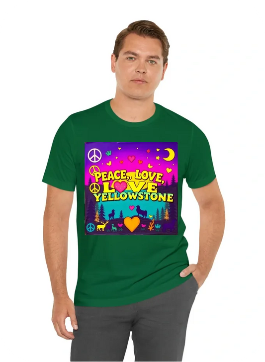 “Peace, Love, & Yellowstone” A vintage, ‘60s-inspired design with the words “Peace, Love, & Yellowstone” in groovy fonts, surrounded by symbols like peace signs, hearts, and wildlife silhouettes. Color palette: Psychedelic purples, yellows, and teal.