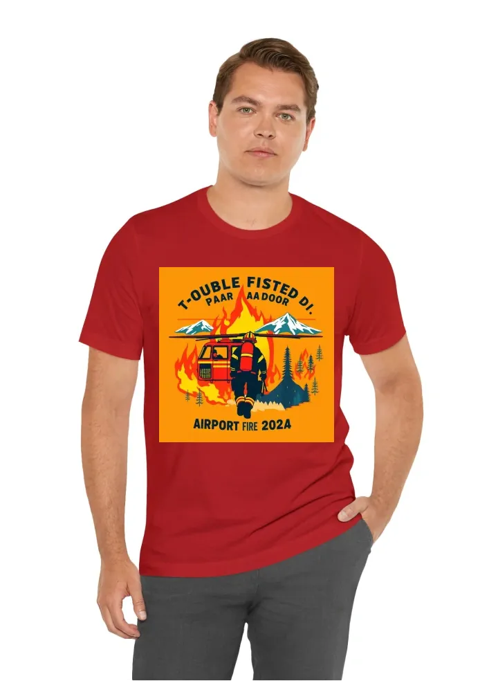 Design a wildland firefighting t shirt with the saying “double fisted in the back door, Airport Fire 2024”