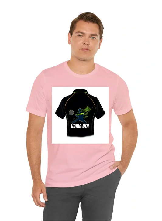 Front Design: Collar: A sporty black or neon color (like lime green or bright orange) for a modern look. Graphic: A dynamic silhouette of a badminton player in action (e.g., smashing or serving) in a contrasting color (like navy or dark red) across the ch