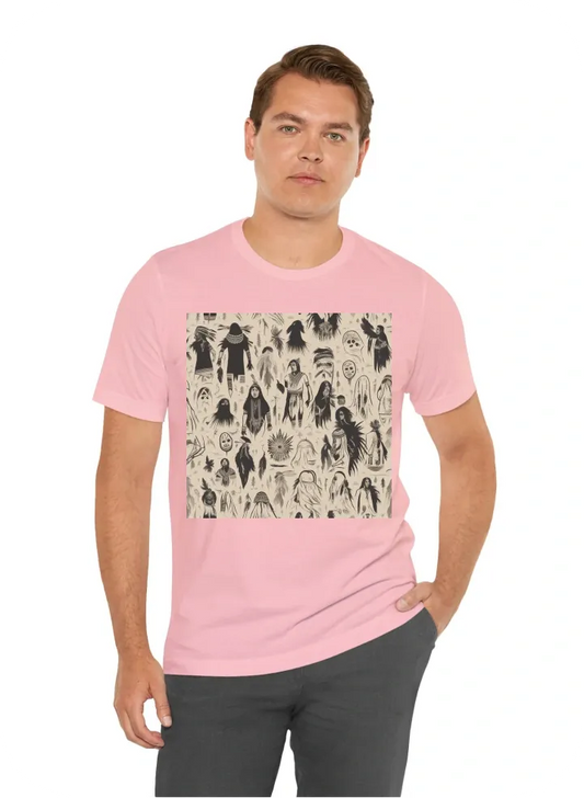 "Design a T-shirt featuring a group of ghostly silhouettes of California Native American men and women, standing together in unity. Their figures are ethereal, with a soft, translucent effect that suggests they are spirits from the past. Ensure that there