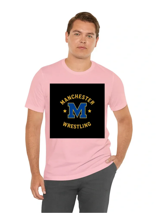 I would like a black t shirt that says Manchester wrestling with a blue and gold m with a wrestling Mat