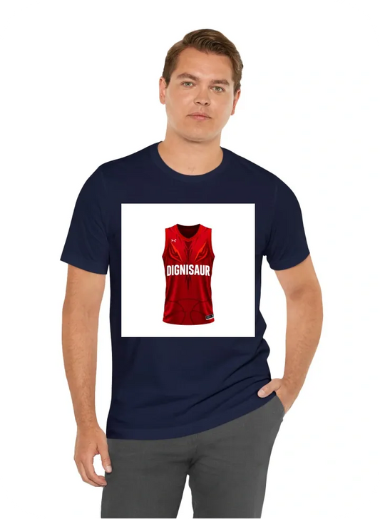 Create me a jersey MODERN layout for basketball which is the logo name DIGNISAUR. The main color will be red and it's up to you what best color to contrast the red color. Make it more attractive look/ unique design