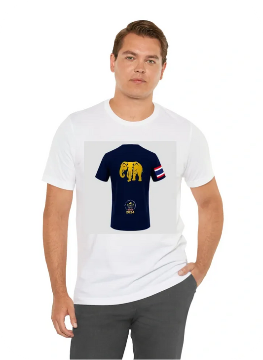 Create me a dark navy t shirt which includes, large gold elephant on the back of the shirt only, thailand flag on the right arm, the words: thailand 2024, st christophers school bahrain logo on the left chest of the front of the shirt. Show Both sides of