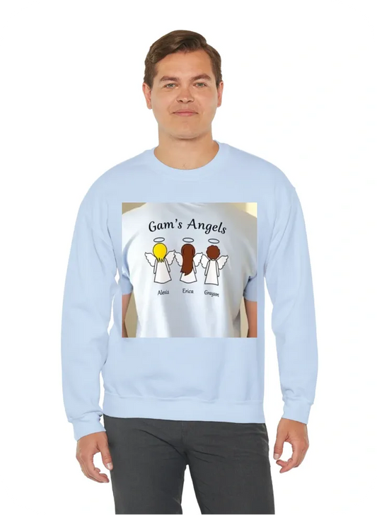 I want a shirt with three stick figure angels facing forward on the back of the shirt. One angel is a girl with blonde hair the name Alexis underneath. The next angel is a girl with dark brown hair with the name Erica underneath. Last one is a boy angel w