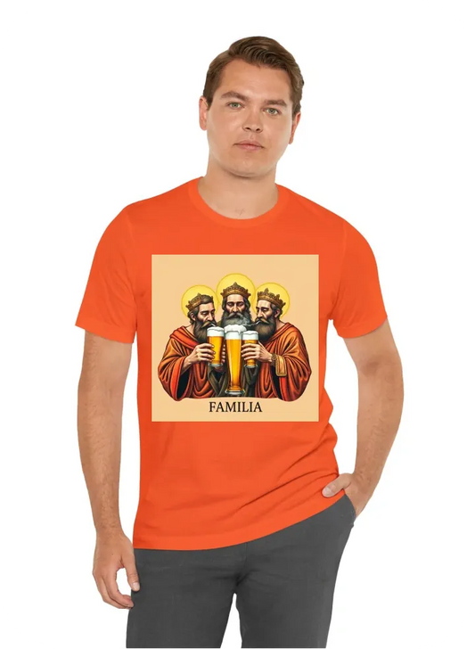 Make an shirt design with a name  at the top "PG" and with a name at the buttom "FAMILIA" with a big  design of 3 saint apostle  drinking beers with exact 3 beers and one of them is smoking clothing design