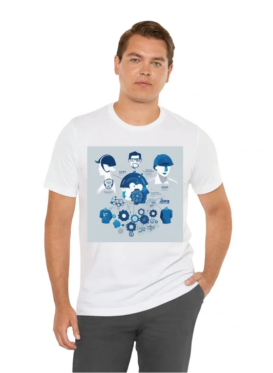 "Design a dark blue or charcoal gray t-shirt for a Business System Team focusing on integrating Zuora, Salesforce, Mulesoft, NetSuite, Workday, and UiPath. The front features a gear/logo with a tagline, 'Business Systems Team - Connecting the Dots.' The b