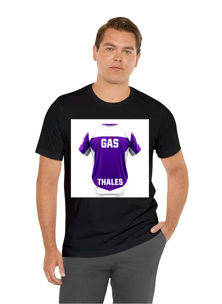 Make me an active dry t-shirt jersey with GAS on the back and THALES on the front, make it purple blended with white