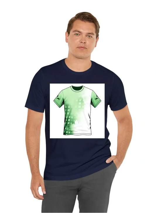 I want a t-shirt with a design of small dna of the left side of the hem of the shirt. The color of the shirt; light, medium, and dark green with a mix of white and black color.