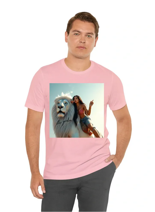 I want a sexy latina woman with long black silky hair wearing casual clothing smoking a joint riding a  white lion with blue eyes in the sun light with “blue garden” written on the lion