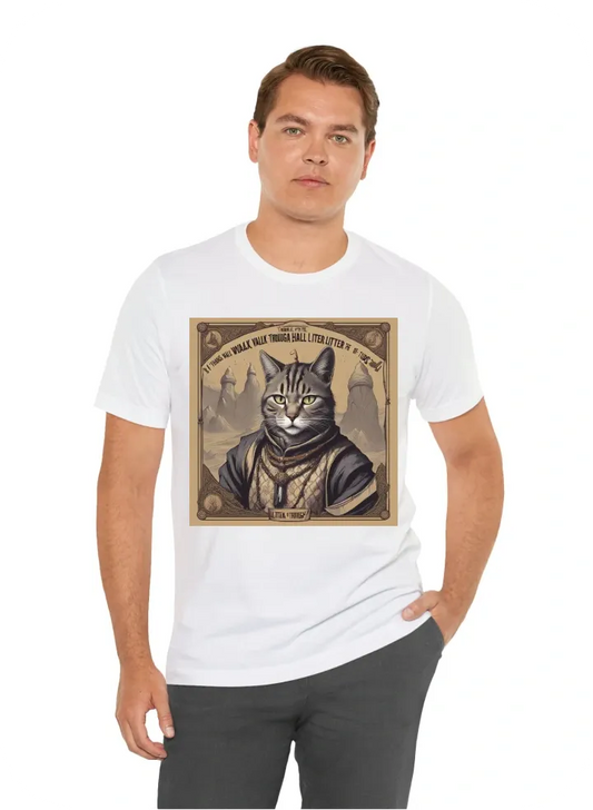 A shirt with a picture of a tabaxi cleric saying "Though I walk through the valley of litter, I shall fear no turds!"