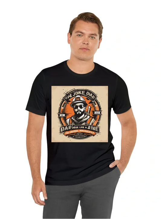 Vector t shirt design on a white background, vintage distressed style each letter in the text showed in different colors and each letter in the text showed in different colors.,text "The Original Dad Joke Architect", The image is a black and orange graphi