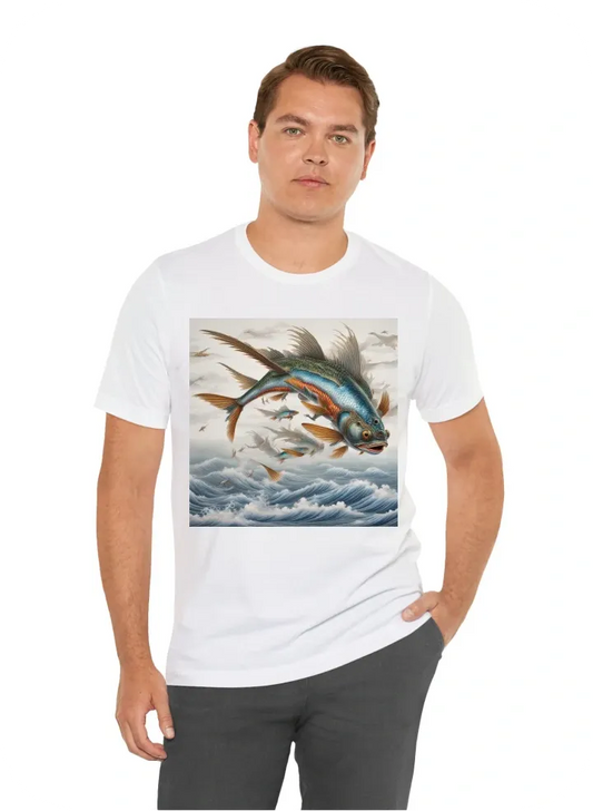 Flying fish that mimics a fighter plane coming out of the water on white background