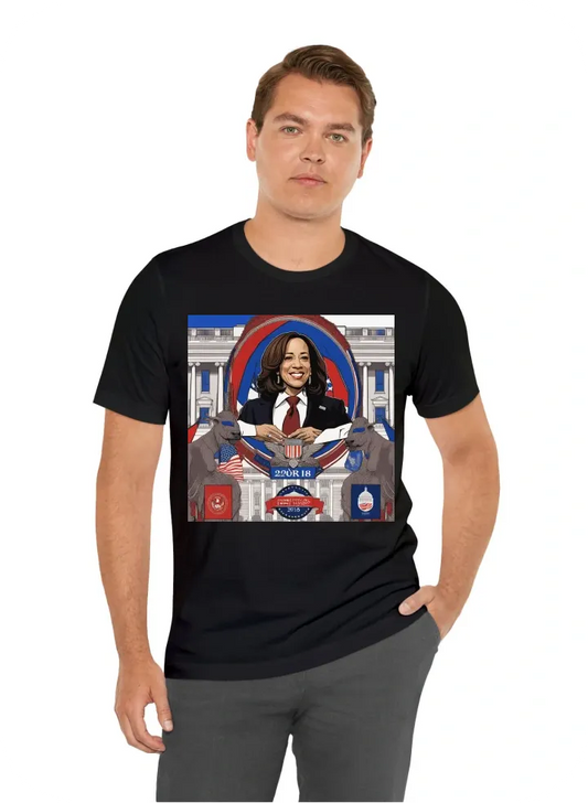 Kamala Harris Howard  on top with red withe and blue banner White house in the backdrop with a picture of kamal harris in the fore front an the bottom Howard university logo and below that Bison for President