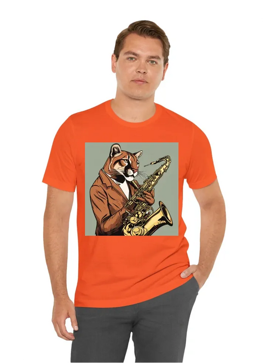 I WANT A COUGAR PLAYING SAXAPHONE IN ILLUSTRATION STYLE FOR A SCHOOL BAND