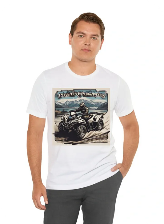 I want a tshirt with my company name pristine powersports name on it with mountains in the background and a motorcycle atv and a jetski on it