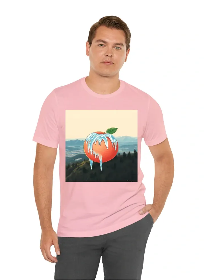 A peach ice designed tshirt where the ice is dripping on the peach and its a small logo