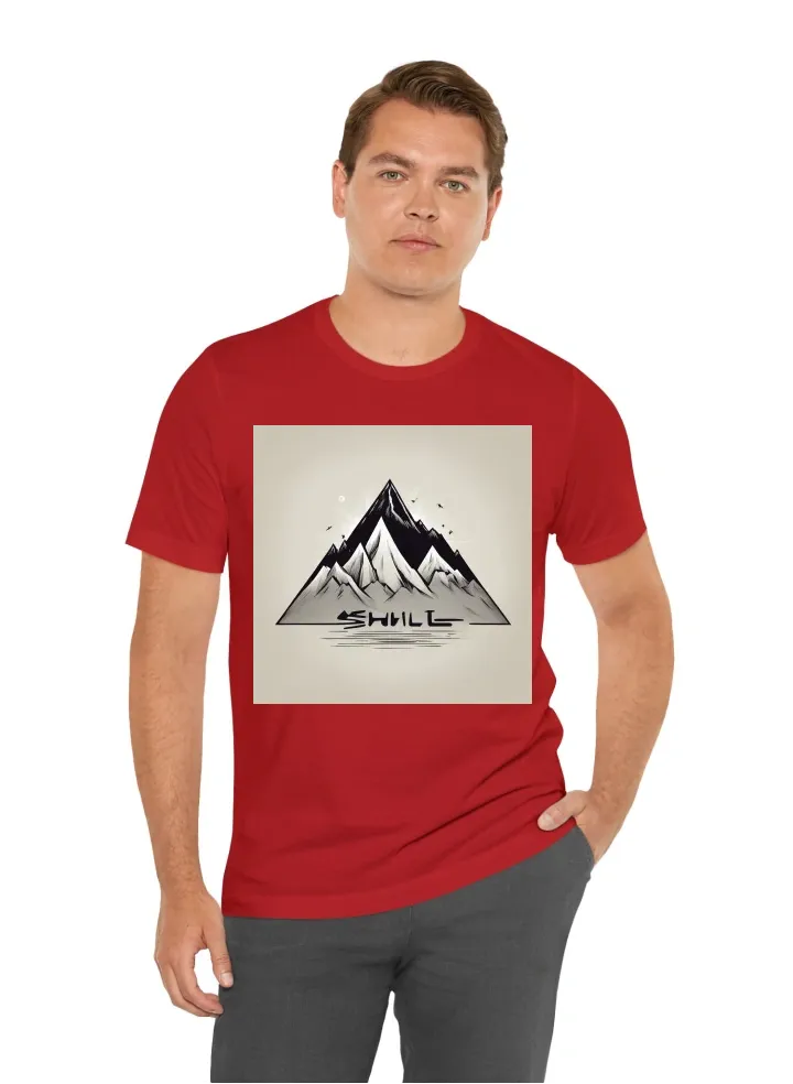 I want a t-shilt with a mountain in minimal format and in front of it the word JOLT. The shirt should be black