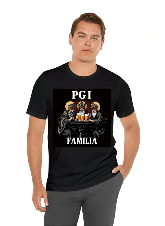 Make an shirt design with a name  at the top "PG" and with a name at the buttom "FAMILIA" with a big  design of 3  saints drinking beers with exact 3 beers, drinking at the table while playing cards and  clothing design. the genre of the design should dar