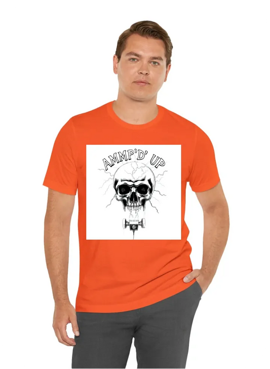 I want a T-shirt with: skull head with electric spark and generator with the words AMMP'D UP, on the top