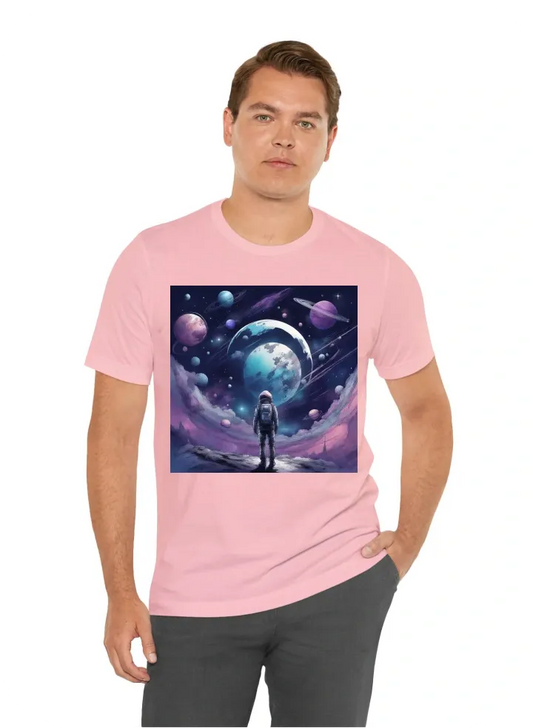 I want T-Shirt Create a scene depicting outer space with a variety of celestial objects like planets, stars, asteroids, and galaxies. You can use a gradient of dark blues and purples to mimic the night sky.