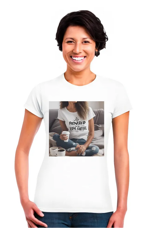 Print tshirt with the words Powered by love fueled by coffee #MomLife