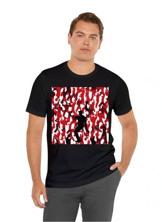 A silhouette of tiger woods fist pumping in 3 tones: red, black, and white