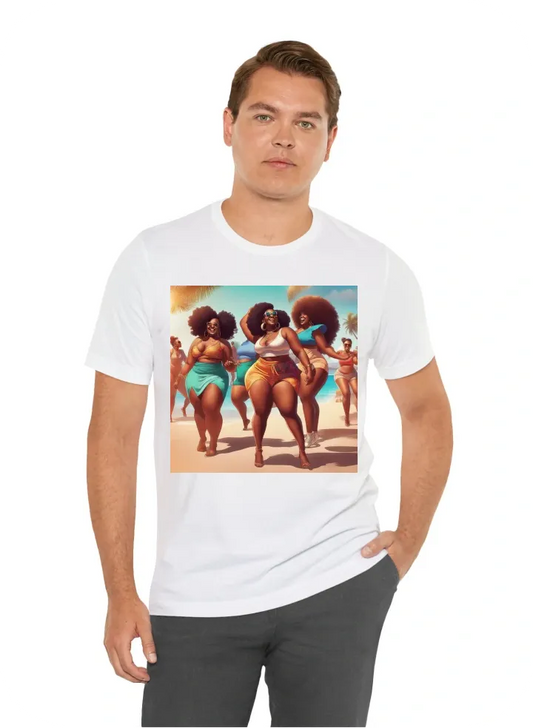 Beautiful plus size Afro American girls in 2020s fashion while are dancing kizumba on a beach party