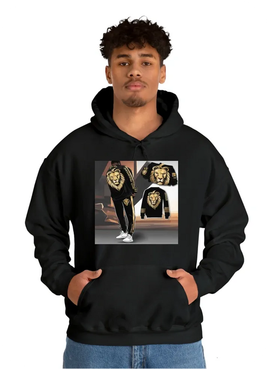 Black track suit, logo thats Road 2 Riches on the back make it say '' I'd rather die an original than a copy ame amen'' then have half lion face, sleeves have Gold elastics, Hustler AMBITION,  ORGINAL OG