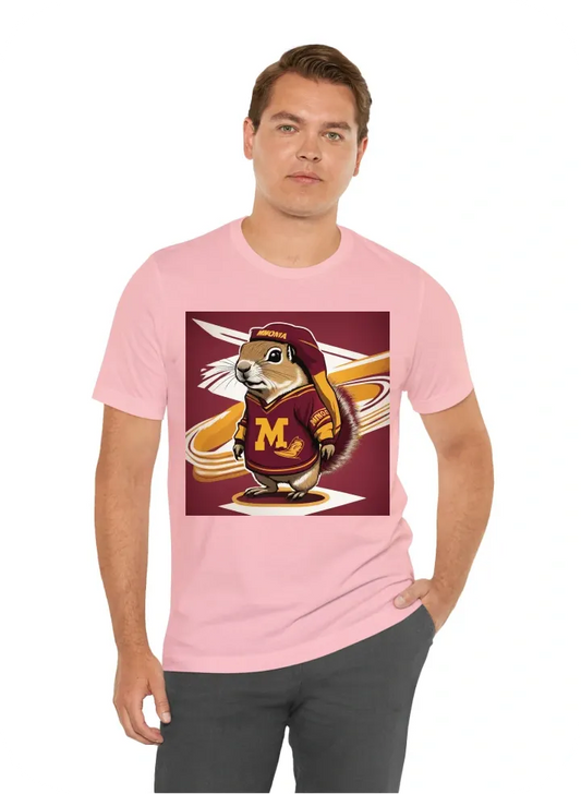 Ground squirrel in a hockey outfit that says University of Minnesota on it with a maroon and gold background