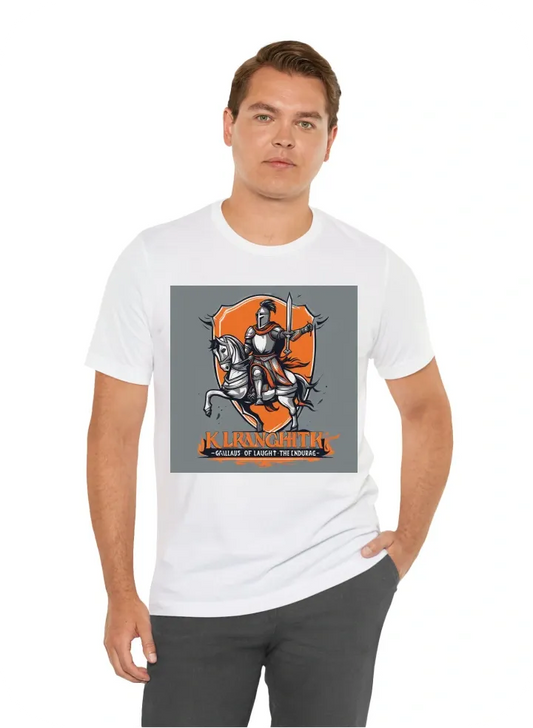 "Charge into the fray with valor and humor! Design a shirt featuring a gallant knight brandishing a shield emblazoned with a bold 'K' and sporting a vibrant orange feather atop his helm. Accompany this graphic with a witty quote like, 'Fear not, for I am