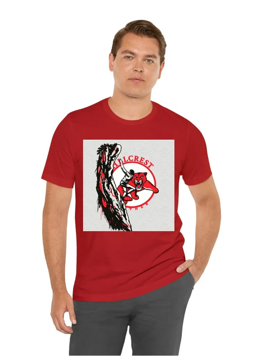 I want a t shirt with a person rock climbing with a Hillcrest highschool logo and a panther make the logo and panther in red and on top it should have the word Setnick