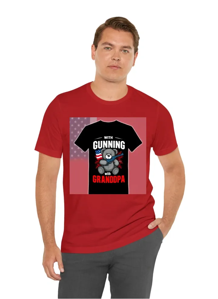 Black tshirt that says gunning with grandpa with a patriotic background and a teddy bear