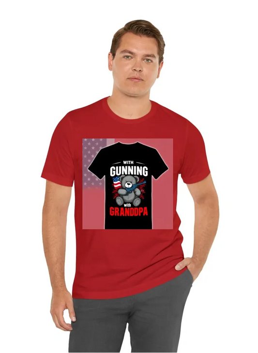 Black tshirt that says gunning with grandpa with a patriotic background and a teddy bear