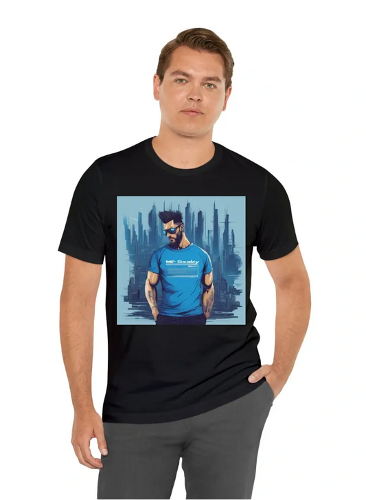 I want T-Shirt with: a blue t-shirt with a nice futuristic cyberpunk text mr daddy