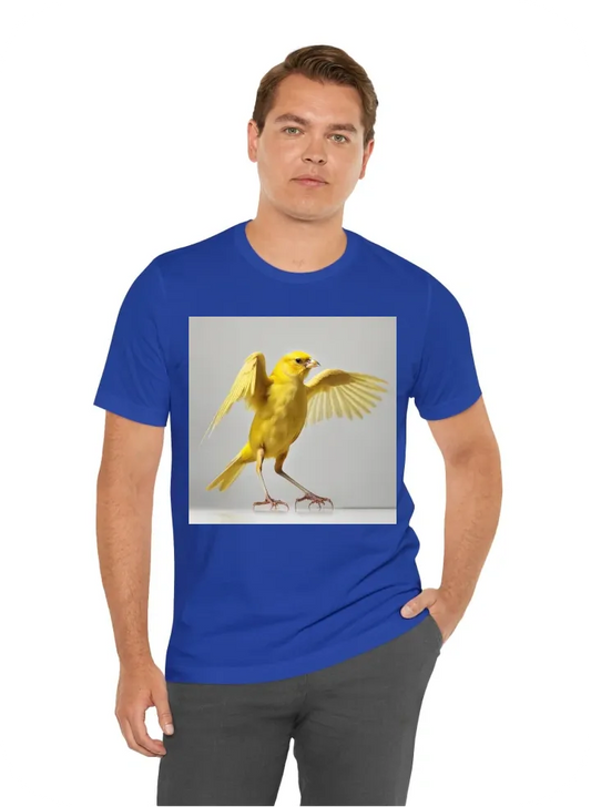 A yellow canary bird still standing with it's wings spread, on a solid white floor over a solid white background