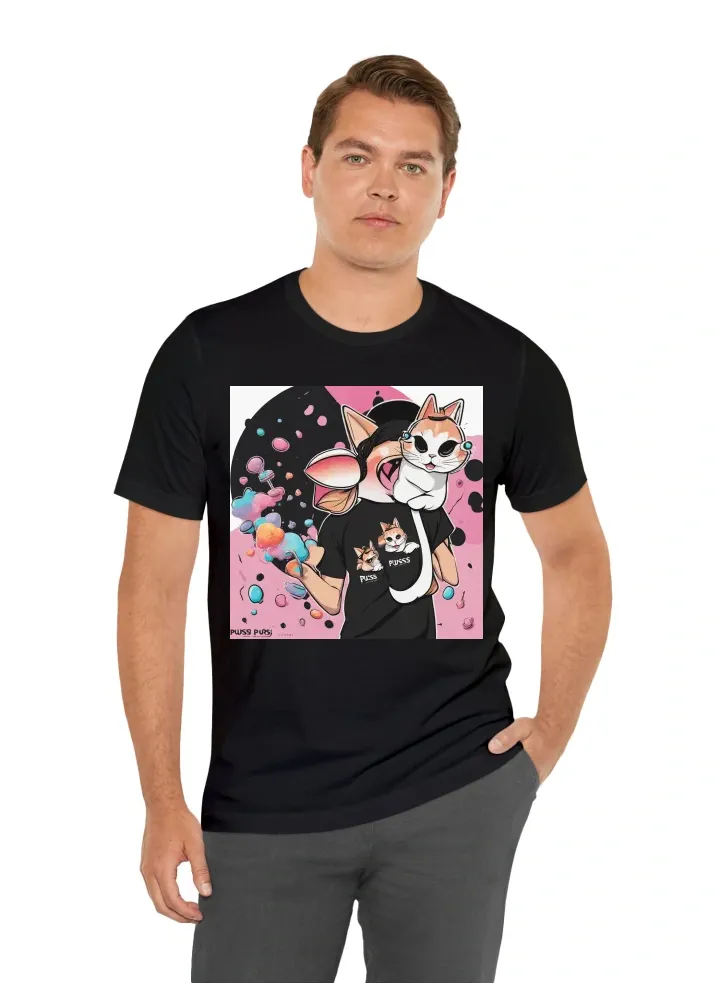 Black tshirt with a small logo in the middle Puss-it. The it inside a lip with a lollipoop