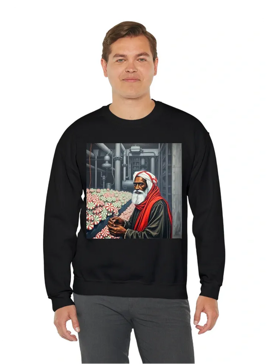 Peppermint factory in black, white, and red with strong african muslim peppermint man